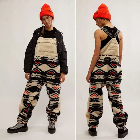 FREE PEOPLE Hit The Slopes Overalls Salopette Size M Black Fair Isle Fleece NEW - Picture 1 of 14